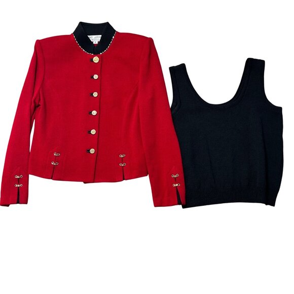 St. John Collection Womens Sz 8 Red Knit Blazer & Black Tank Set Gold Button - Picture 1 of 14